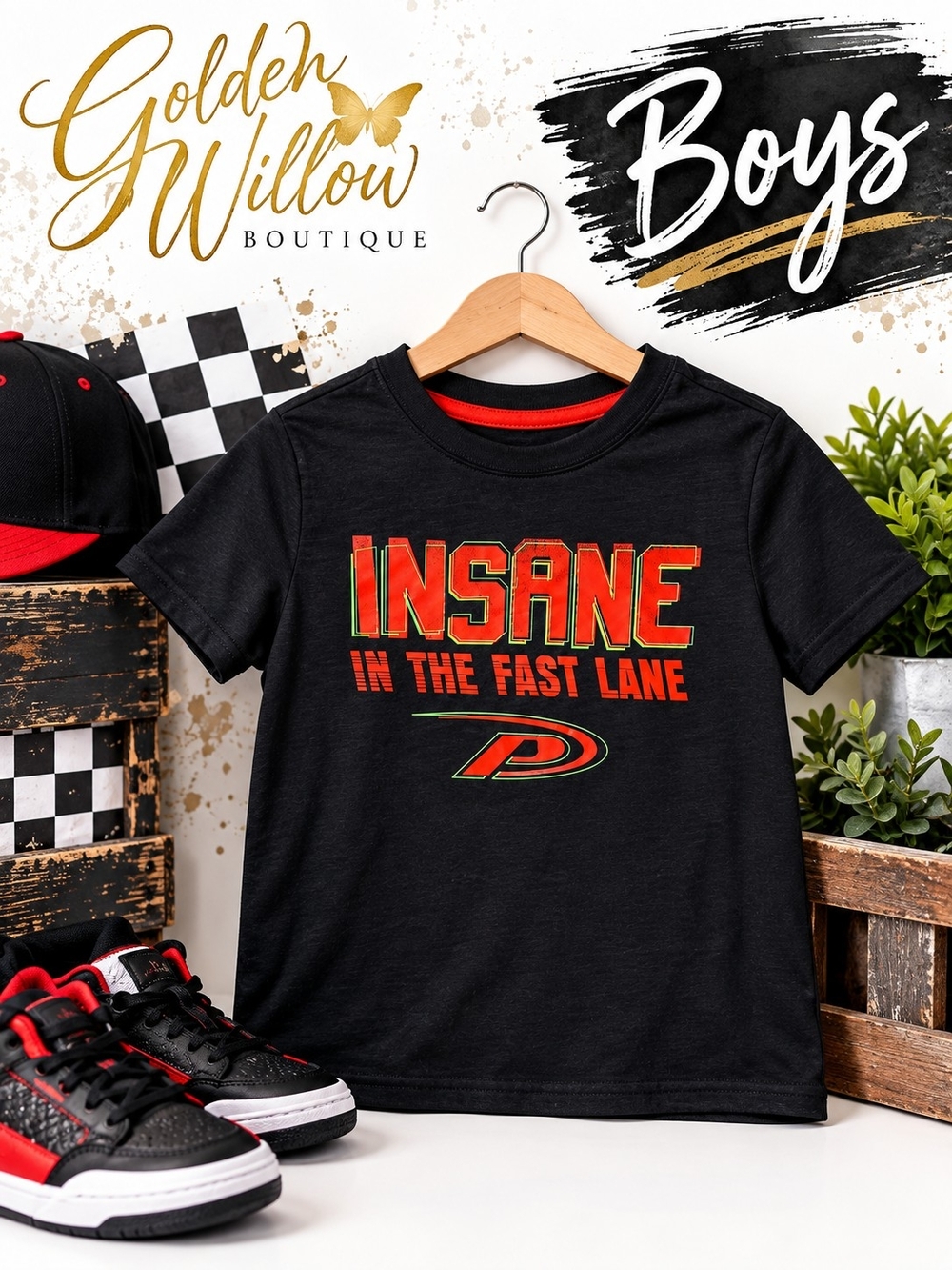Athletic Works Black Tee with Red and Green Racing Graphic